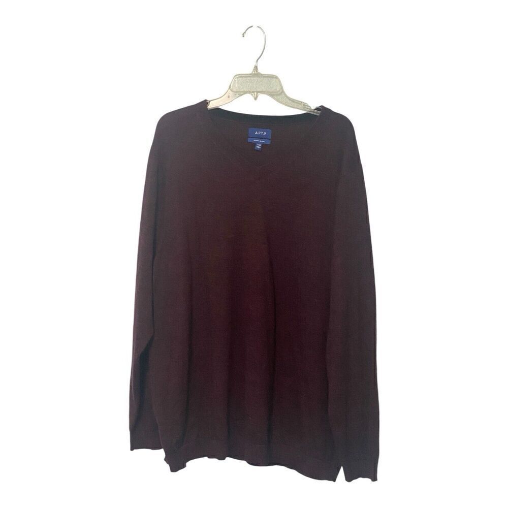 Apt 9 Mens 2XB Wool Blend Lightweight VNeck Long Sleeve Maroon Pull-Over Sweater